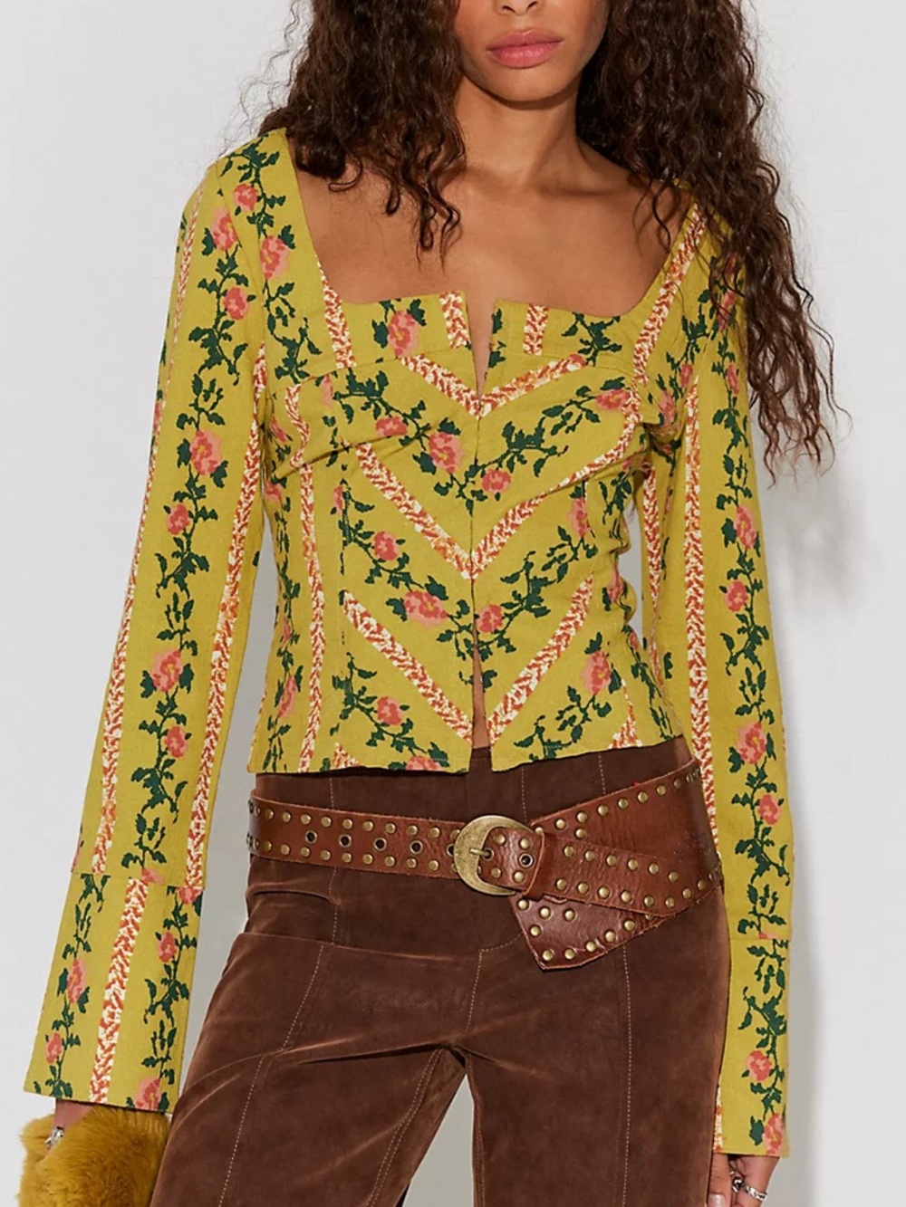 NWT Free People Asher Floral Printed Top in Citron Combo Green
